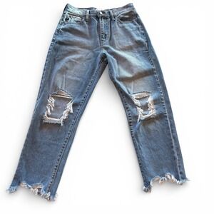 Zara Womens High Waisted Straight Leg Distressed Jeans Light Wash Blue Size 6